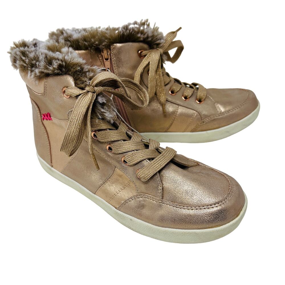 NEW! Justice Metallic Hi Top Sneaker Faux Fur Lace Up Pink - 9